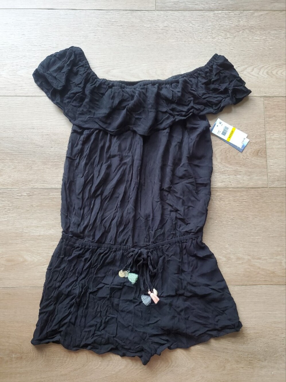Off-Shoulder Black Romper with Tassel Drawstring, Sz M